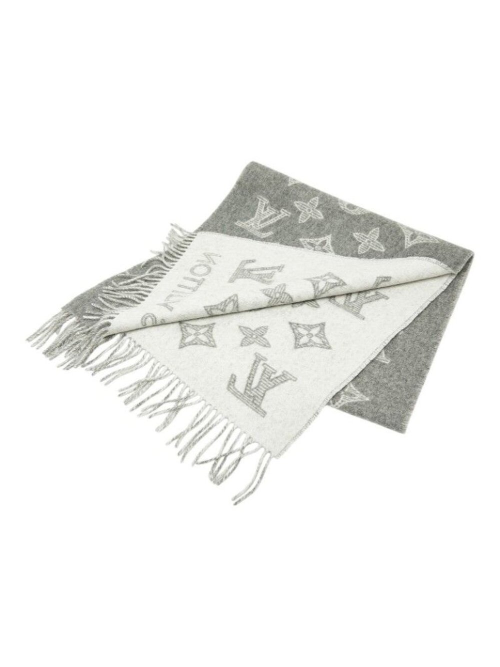 Louis Vuitton Scarf Monogram Shadow Gray White Wool 90% Cashmere - Picture 2 of 3